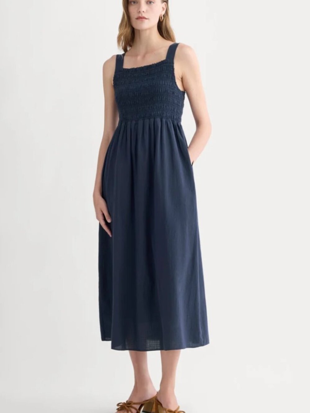 Everlane NWT 100% Organic Cotton The Gauze Smocked Sundress Navy Size L